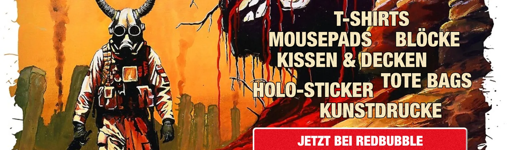 Grafik, die darauf hinweist, dass „The Arsonist“ von Manuela Gigliotti jetzt auch bei Redbubble in vielen verschiedenen Druckformen erhältlich ist, von Kunstdrucken über Mousepads, Kissen und Decken, Holo-Sticker, Tote Bags hin zu Schreibblöcken, Postkarten, T-Shirts und Pullover.